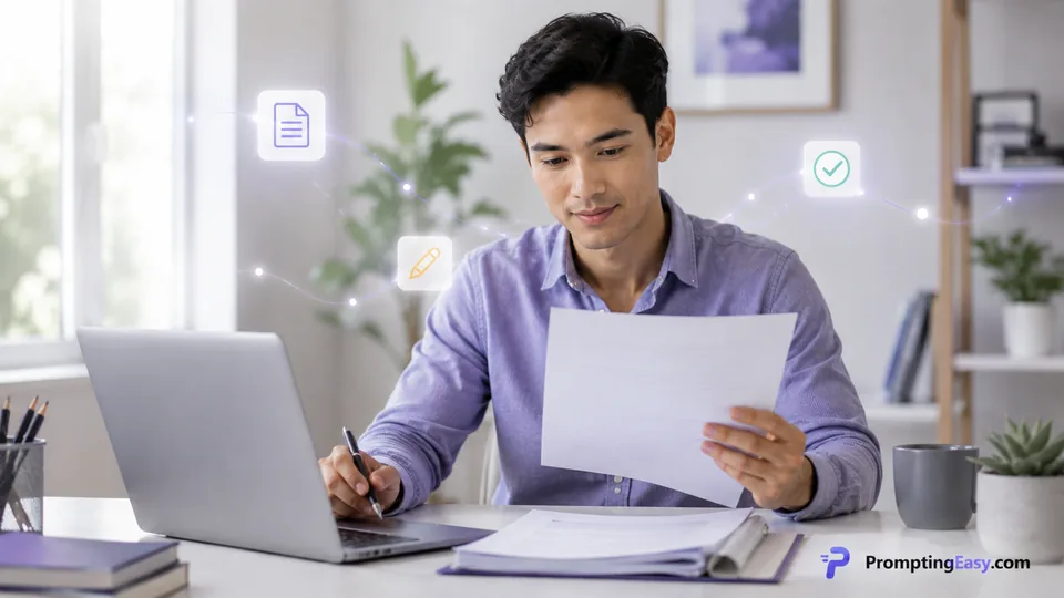 Person reviewing documents at a modern desk with subtle checklist interface elements