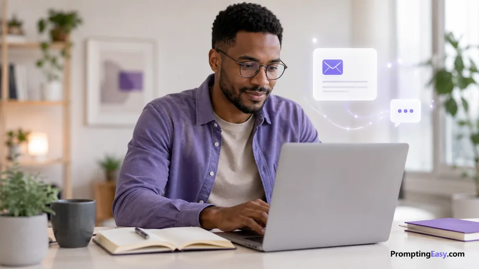 Person writing a clear email with AI assistance in a calm modern workspace
