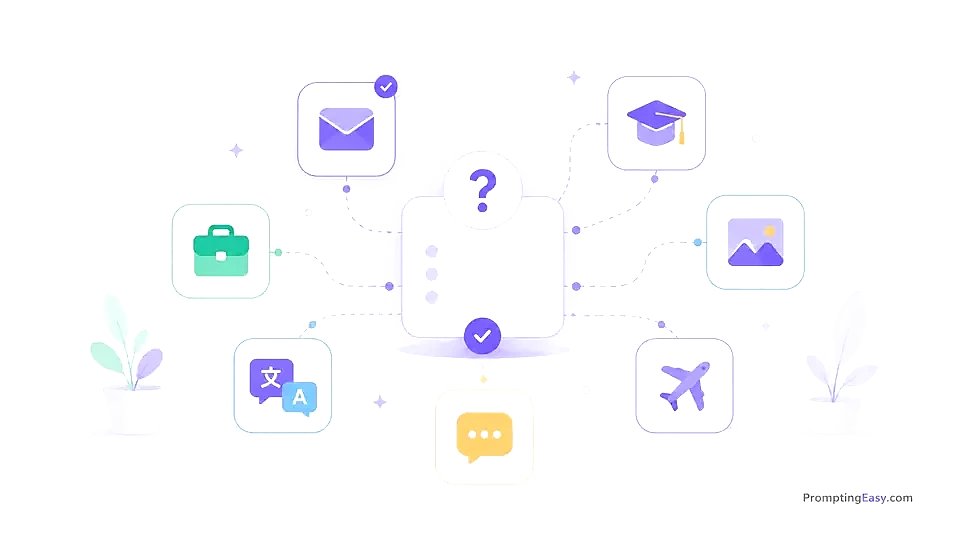 Person using a laptop with AI prompt categories for work, email, learning, images, translation, and travel