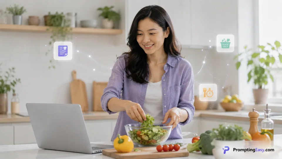 Person planning meals in a modern kitchen with ingredients and subtle recipe interface elements