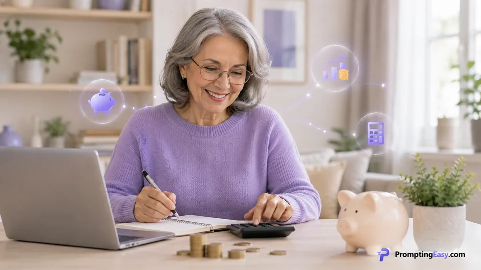 Person planning a budget in a home office with subtle finance interface elements