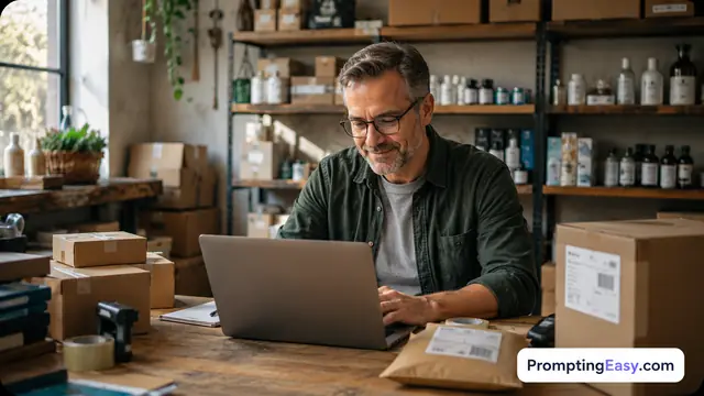 Small business owner working with products, packaging, and practical AI workflow support