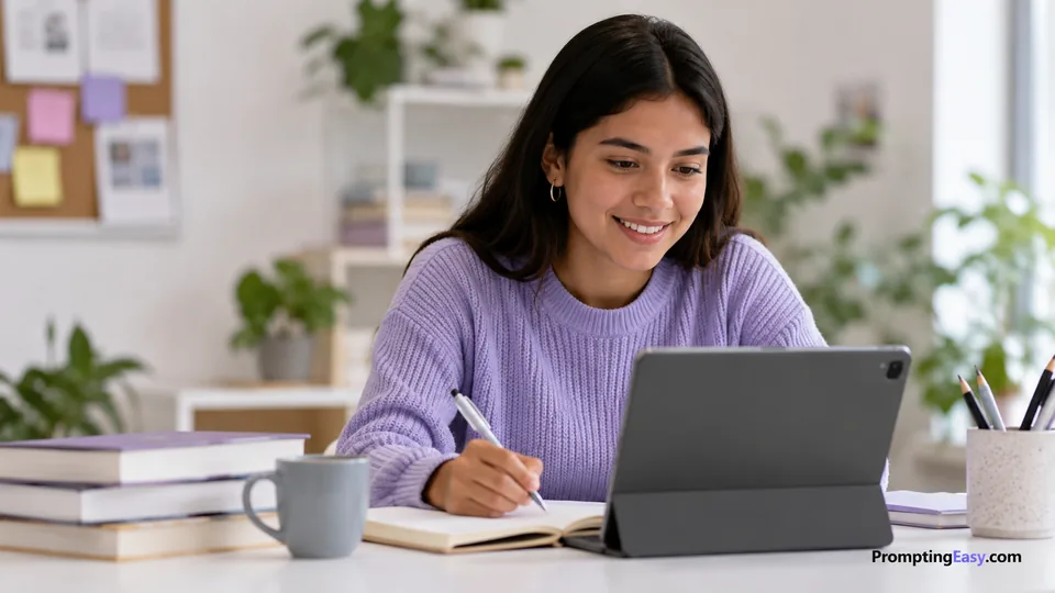 Student learning with a tablet and subtle study planning interface elements