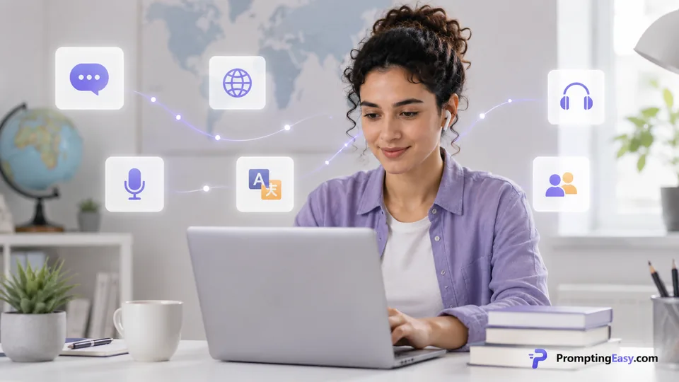 Person using AI language tools on a laptop with subtle communication interface elements