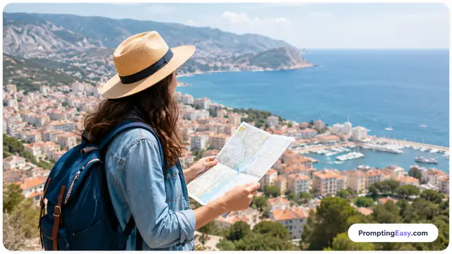 Person planning a city trip with travel items and subtle route interface elements