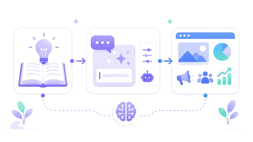 Illustration showing the PromptingEasy journey from learning to prompting to practical AI results