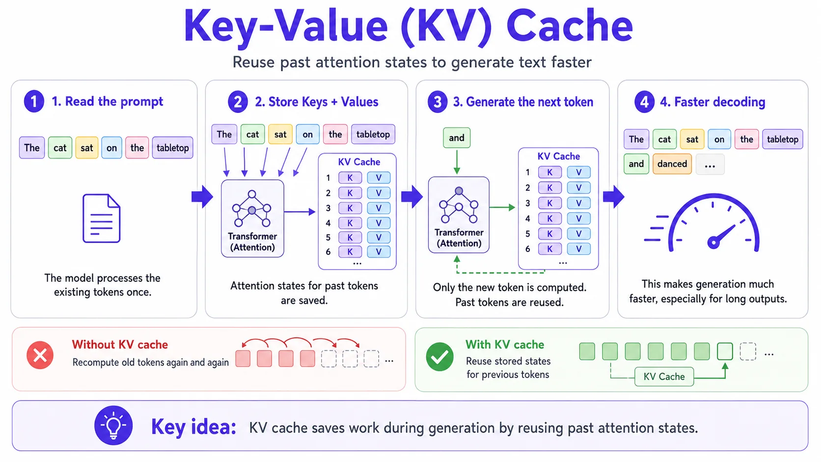 Diagram showing how key-value cache stores and reuses attention states during text generation.