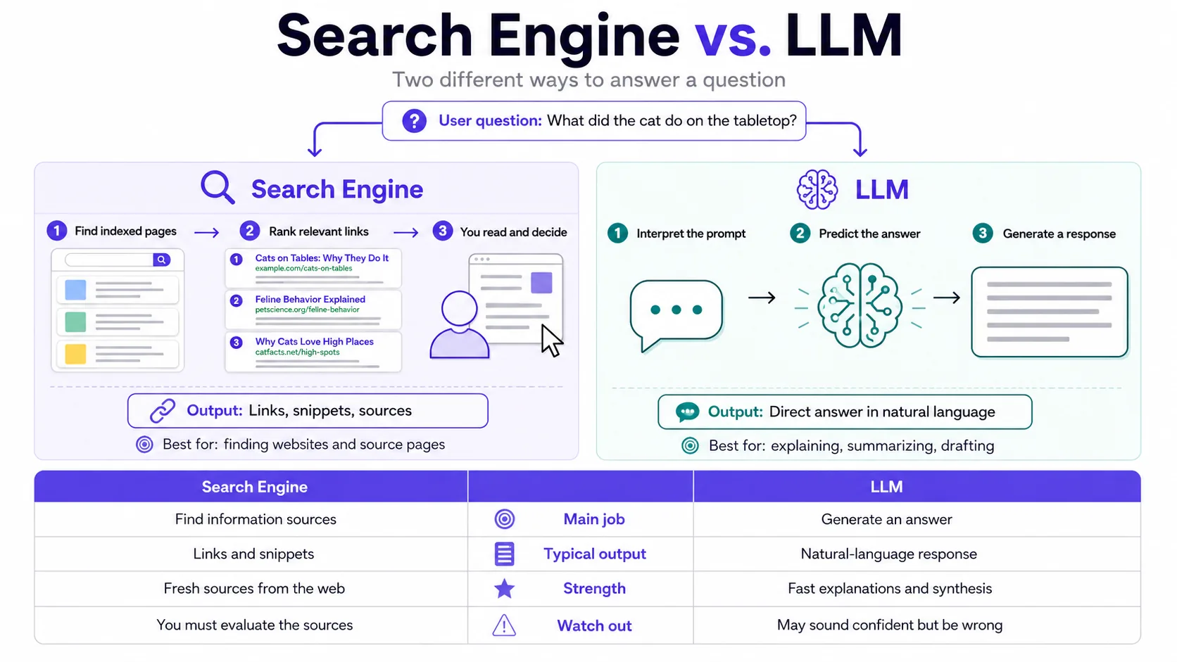 Comparison diagram showing how a search engine and an LLM answer the same user question differently.