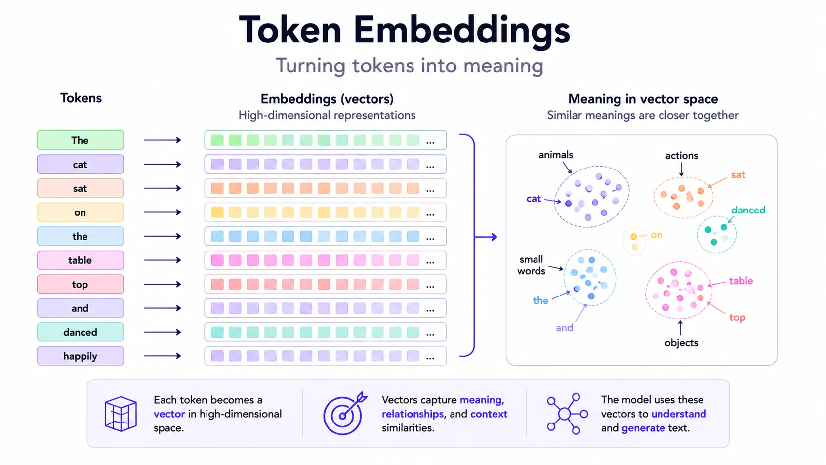 Token embedding diagram showing tokens becoming vectors and clustering by meaning.