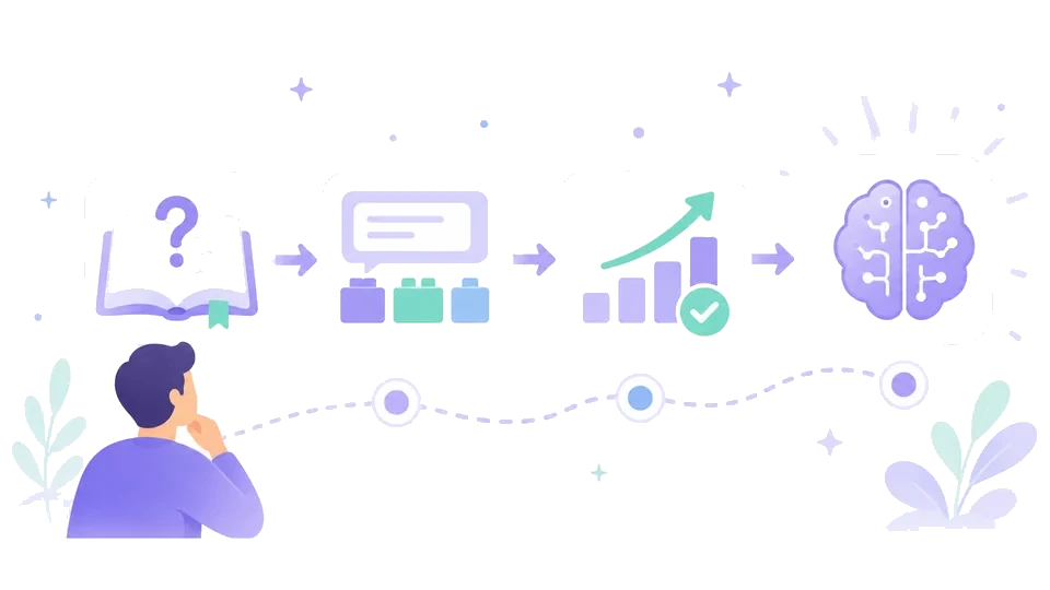 Illustration showing a learning path from prompting basics to better AI results and deeper AI understanding