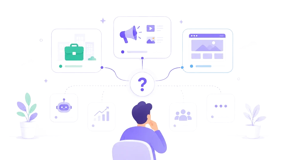Person choosing between AI workflow use cases for business, marketing, websites, jobs, studying, and saving money